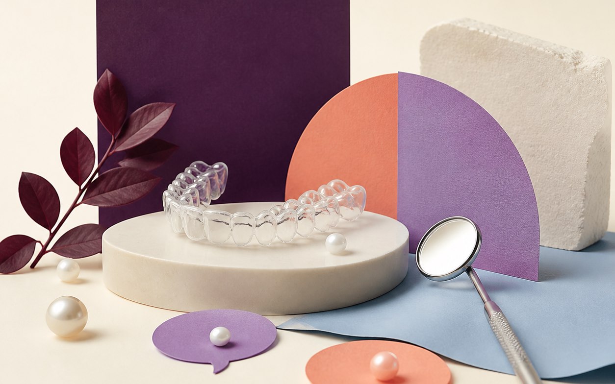 Editorial dental-care composition with a clear aligner, mirror, and conversation forms.