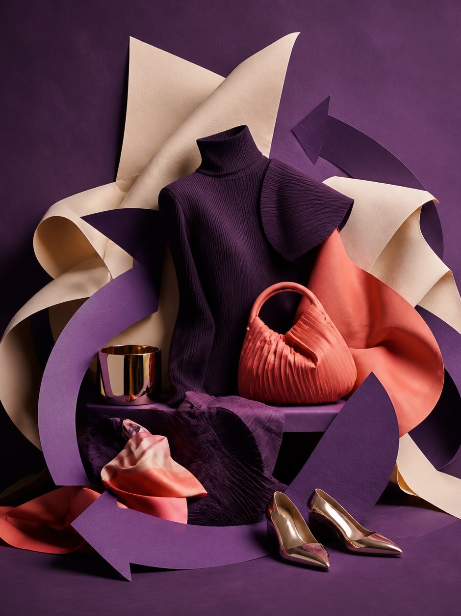 Fashion editorial still life with sculptural garments, accessories, and directional paper forms.