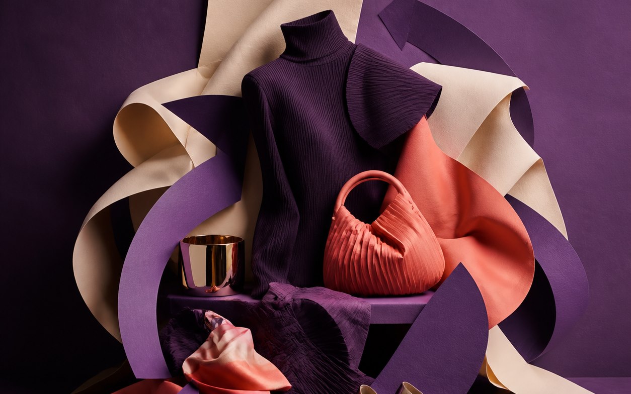 Fashion editorial still life with sculptural garments, accessories, and directional paper forms.