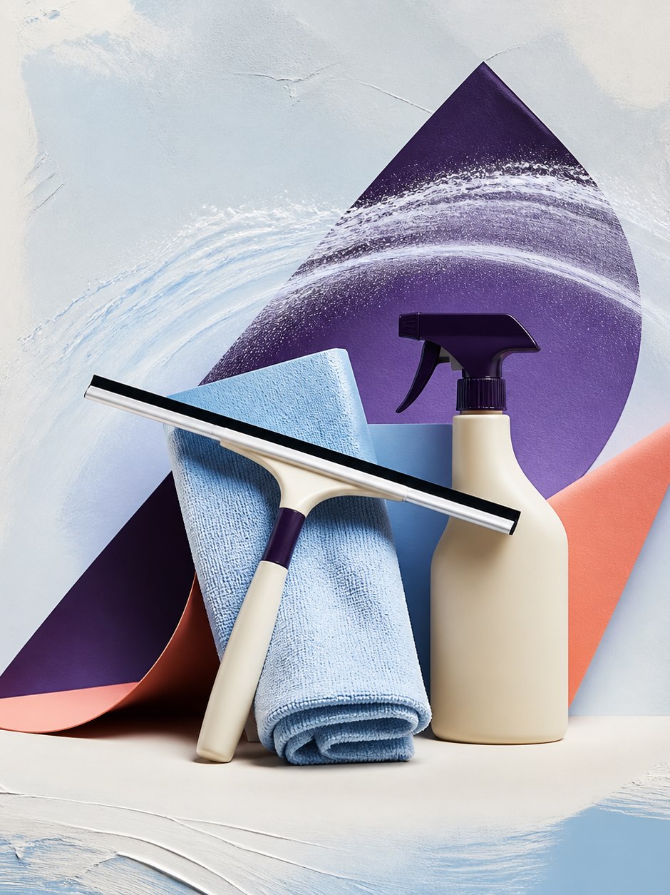 Editorial cleaning-service composition with a squeegee, folded cloth, and unbranded spray bottle.