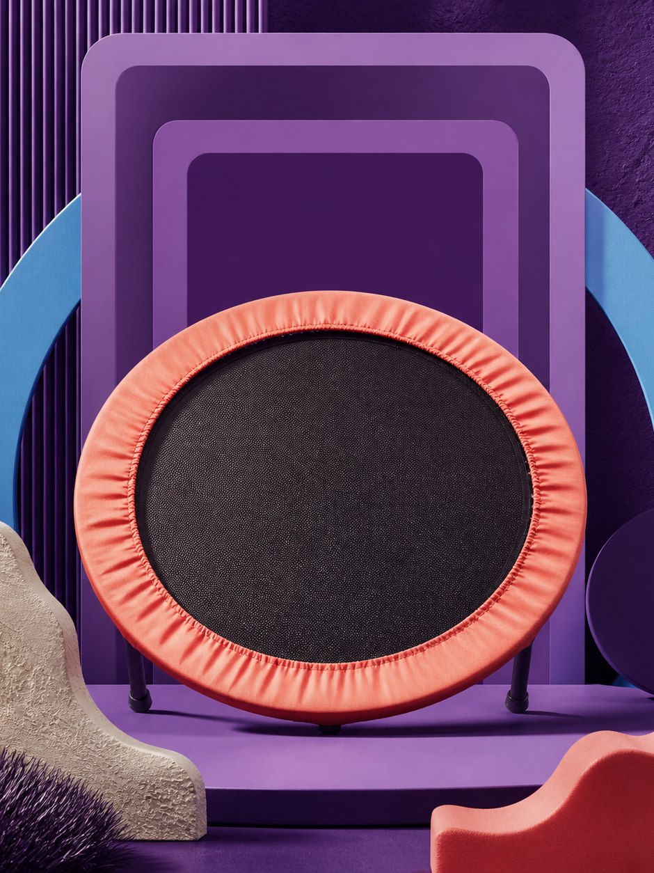 Editorial composition with a circular trampoline, layered vertical frames, and energetic arcs.